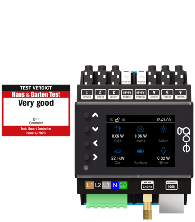 go-e Controller cu ecran color, conectori de tensiune L1 L2 L3 N și intrări pentru 6 transformatoare de curent